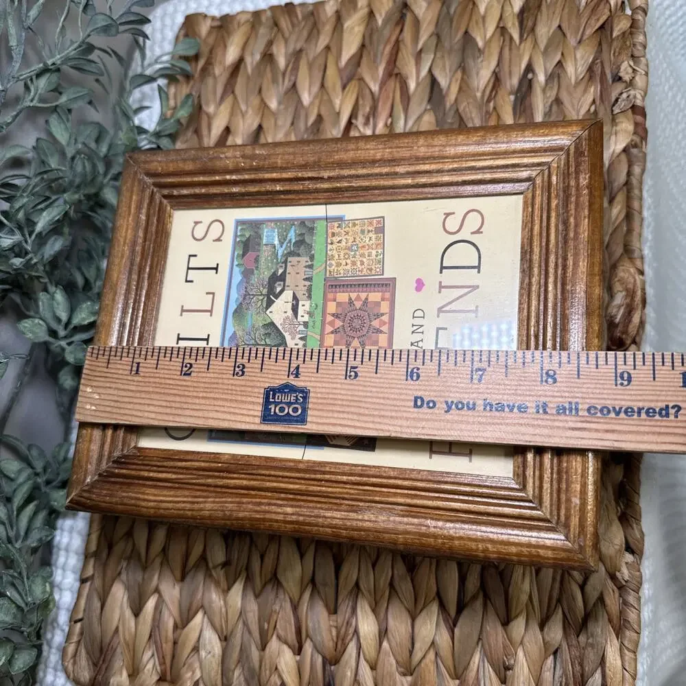 Quilts & Friends Picture Glass Top Keepsake Box Wood Sewing Jewelry Storage Vtg